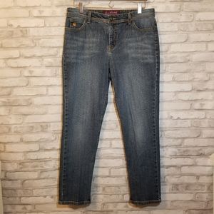 GV High rise medium wash zipper hem jeans